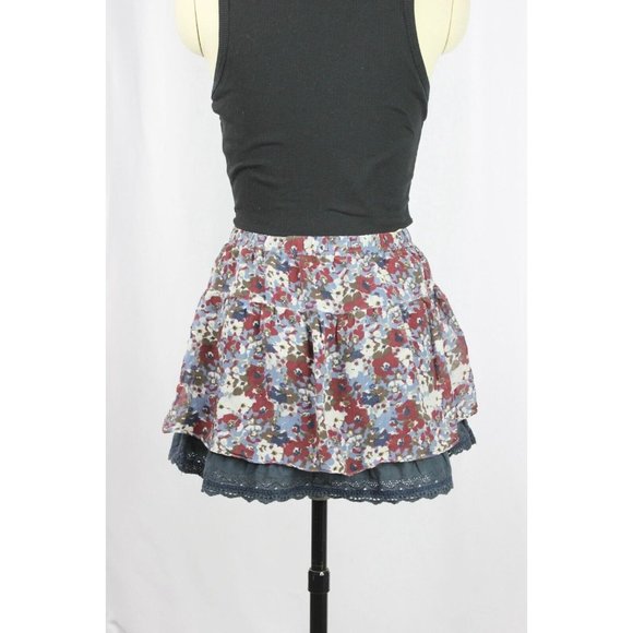 ABERCROMBIE & FITCH Maroon Navy Floral 100% Silk Lace Eyelet Mini Skirt, Size S - Picture 5 of 14